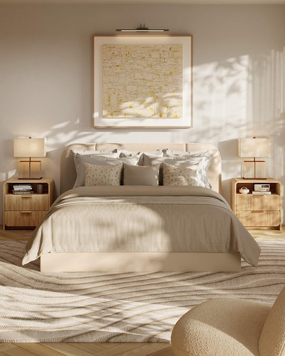 Fluted Nightstand Set Of 2 With Charging Station, 24 Inch, Natural Oak