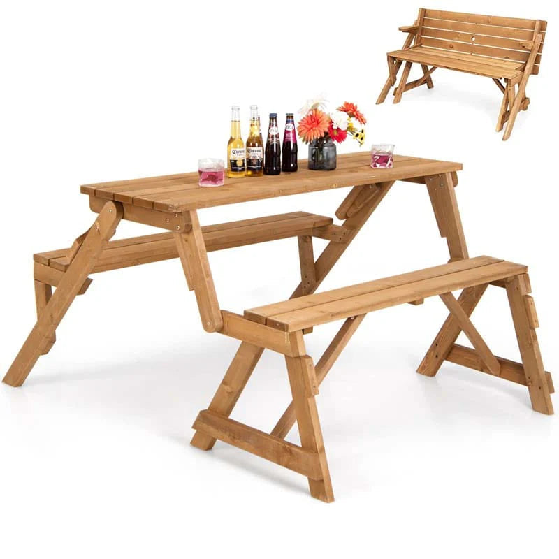 2-in-1 Convertible Fir Wood Picnic Table And Garden Bench, 4-Person, Dark Golden Brown - 56 x 53 x 30 in