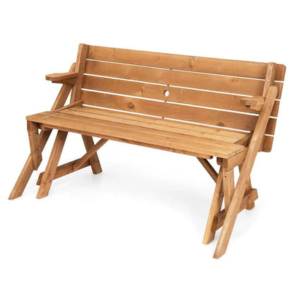2-in-1 Convertible Fir Wood Picnic Table And Garden Bench, 4-Person, Dark Golden Brown - 56 x 53 x 30 in