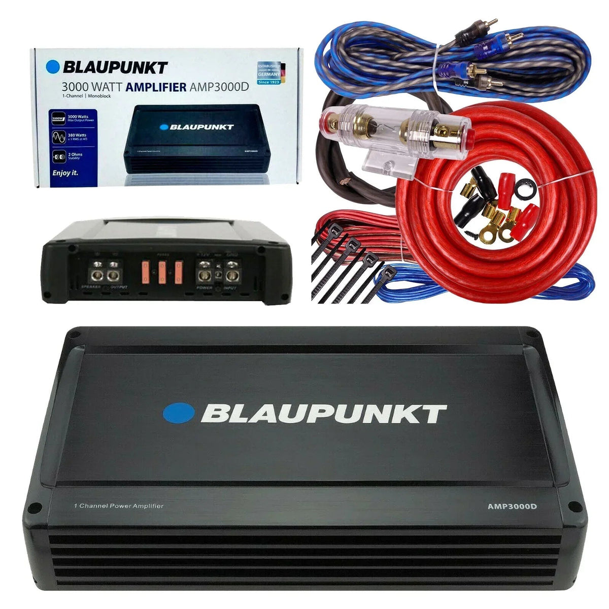 Blaupunkt Monoblock Class D Car Audio Amplifier With 4 Ga Amp Kit - AMP3000D
