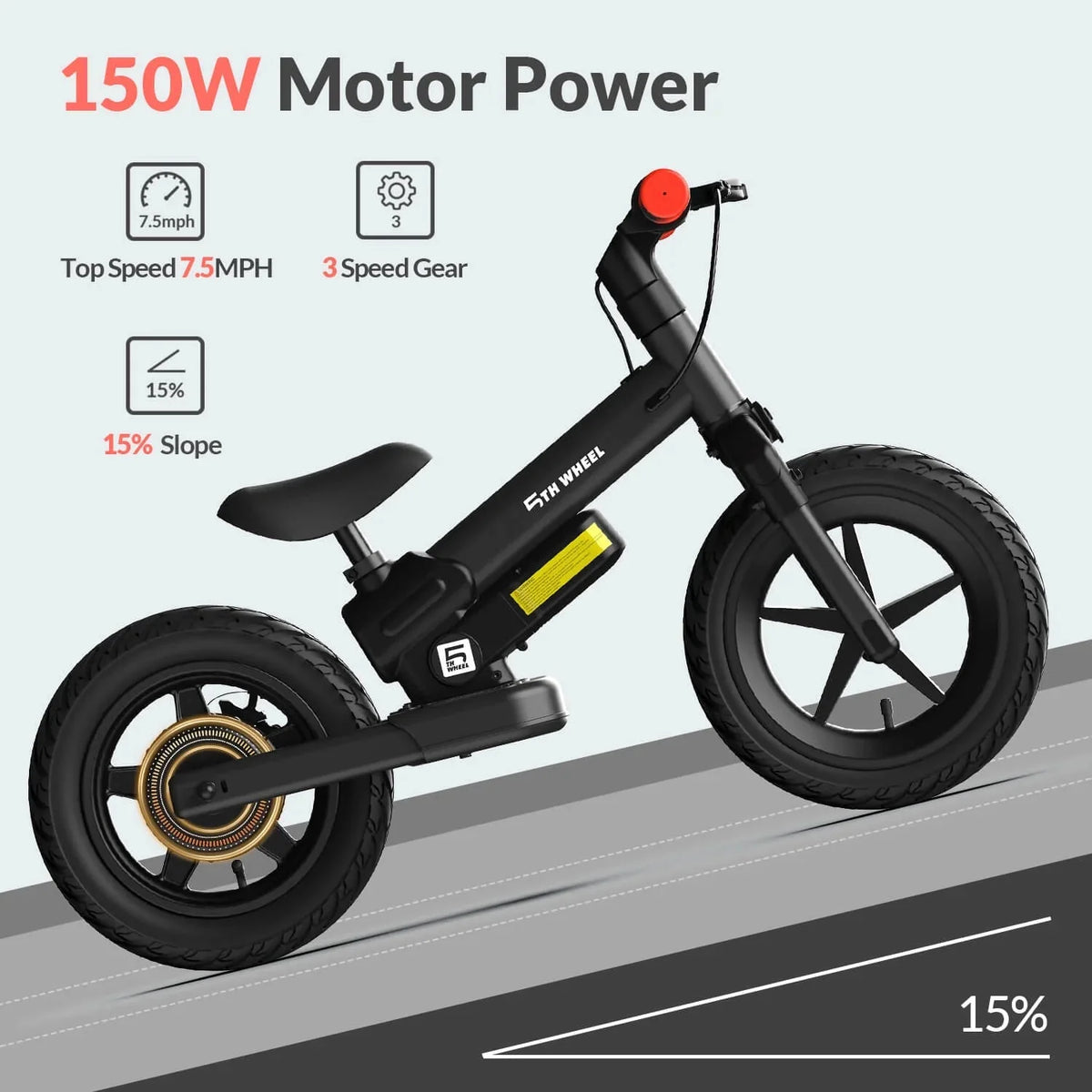 5Th Wheel Electric Balance Bike For Kids, 150W, Black, 12in Pneumatic Tire With Dual Brake - KB09