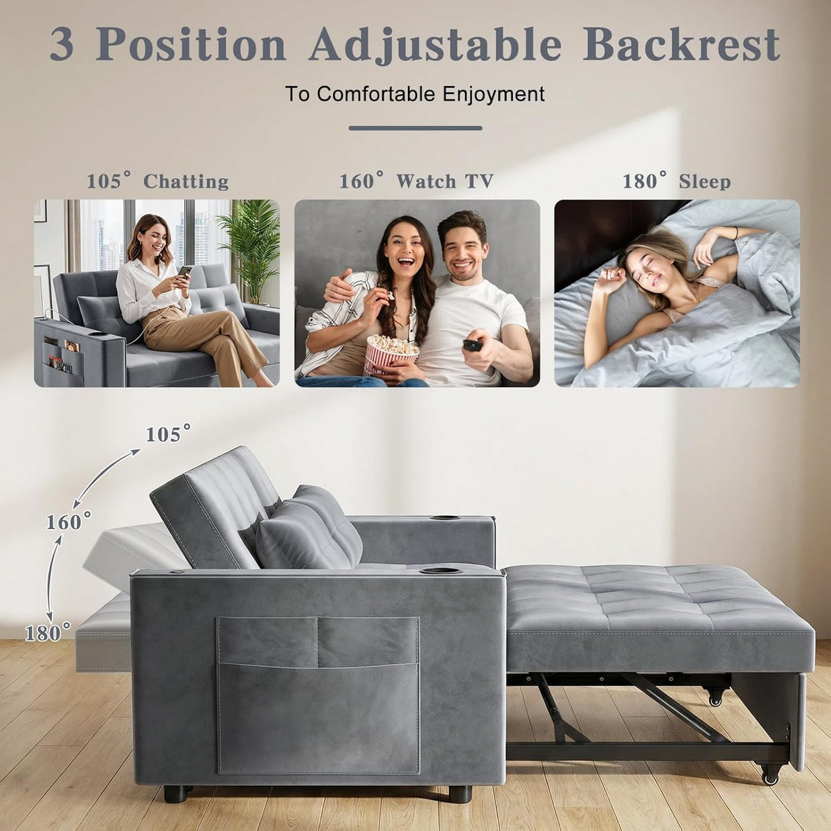 3-in-1 Pull-Out Sofa Bed With Charging Station, Cup Holder And Side Storage - 70in Grey