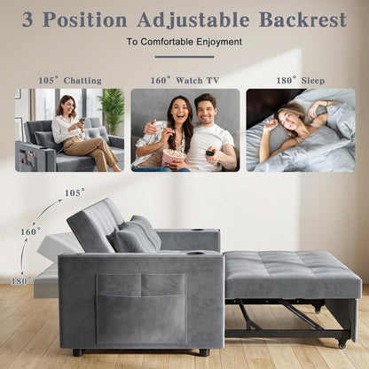 3-in-1 Pull-Out Sofa Bed With Charging Station, Cup Holder And Side Storage - 70in Grey