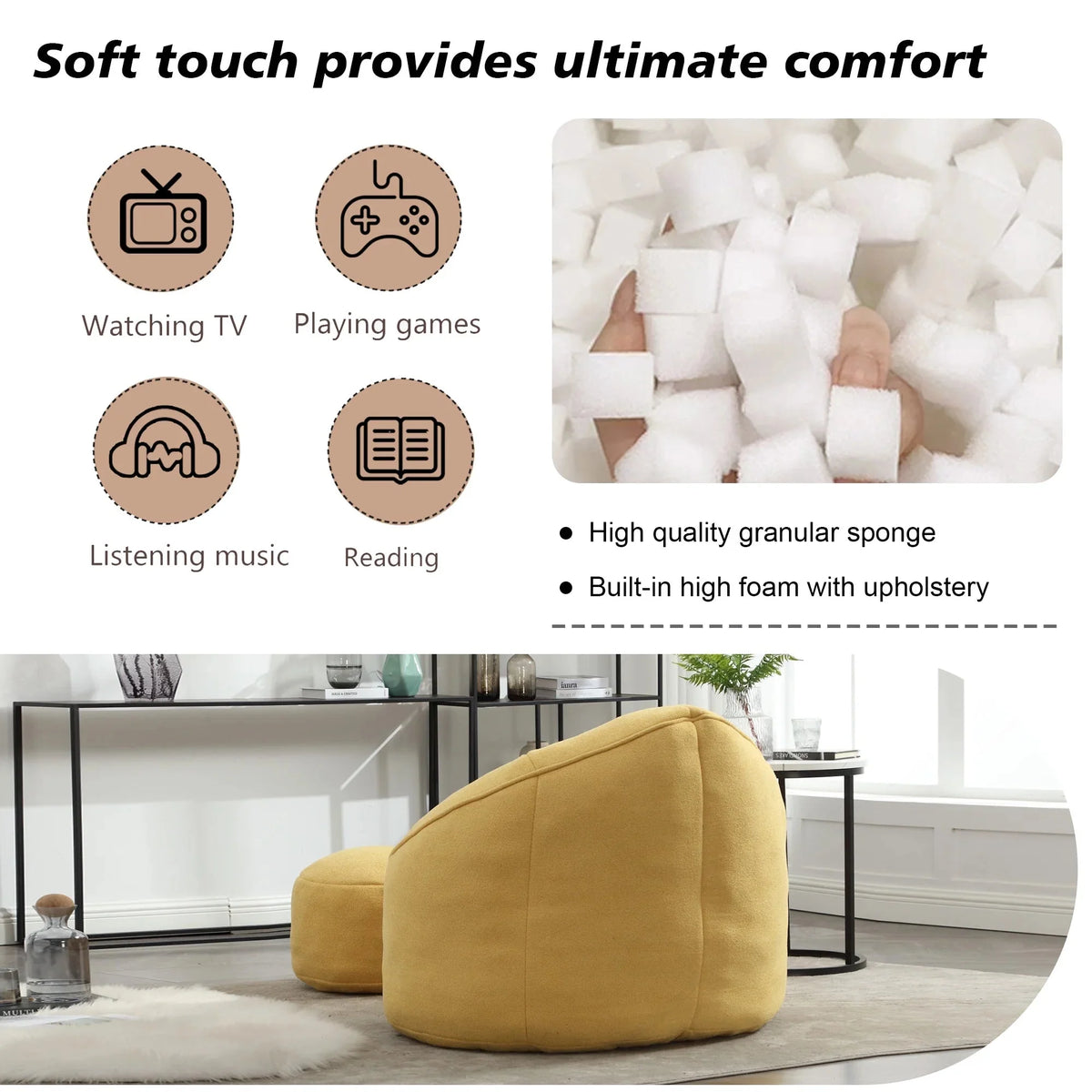 MOONMISS Microfiber Upholstered Round Bean Bag Sofa Chair With Ottoman - Gray