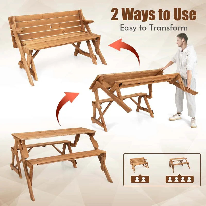 2-in-1 Convertible Fir Wood Picnic Table And Garden Bench, 4-Person, Dark Golden Brown - 56 x 53 x 30 in