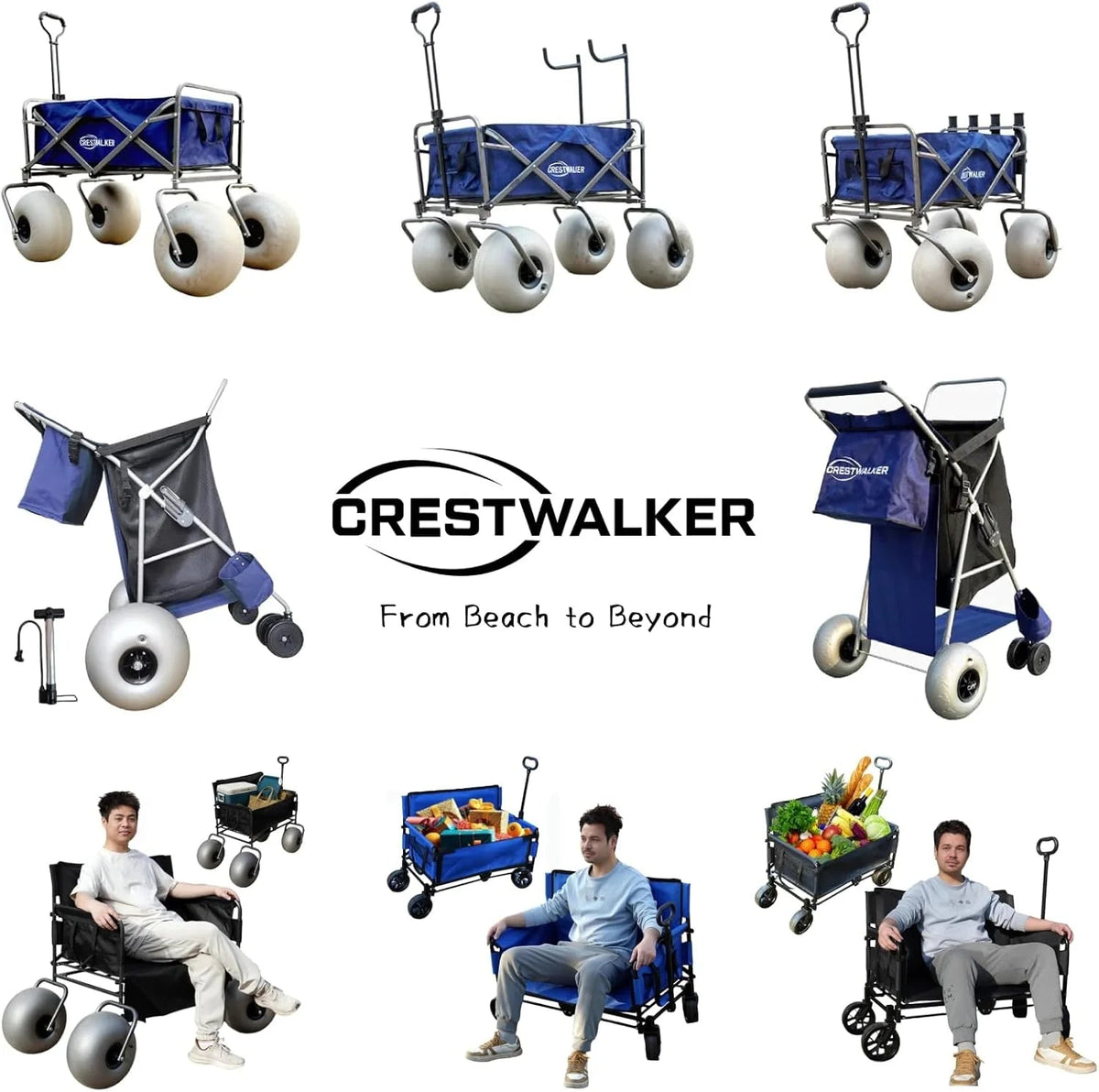 CRESTWALKER Beach Cart With 13in Balloon Wheels, Chair Racks And Pump - Beach Wagon