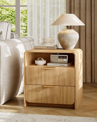 Fluted Nightstand Set Of 2 With Charging Station, 24 Inch, Natural Oak
