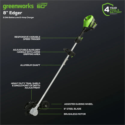 Greenworks Cordless Edger 60V 8 in Brushless With 2.0 Ah Battery And Charger