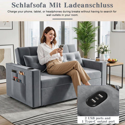 3-in-1 Pull-Out Sofa Bed With Charging Station, Cup Holder And Side Storage - 70in Grey
