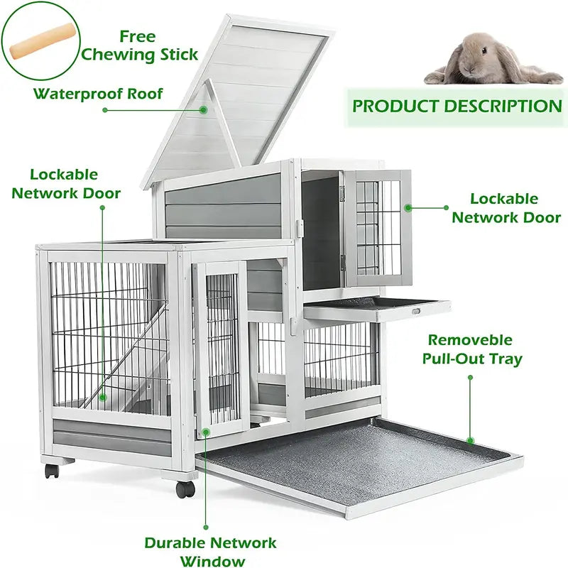 YODOLLA Indoor Rabbit Hutch With Wheels, Fir Wood, 37 x 24.4 x 33.5 in