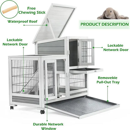 YODOLLA Indoor Rabbit Hutch With Wheels, Fir Wood, 37 x 24.4 x 33.5 in