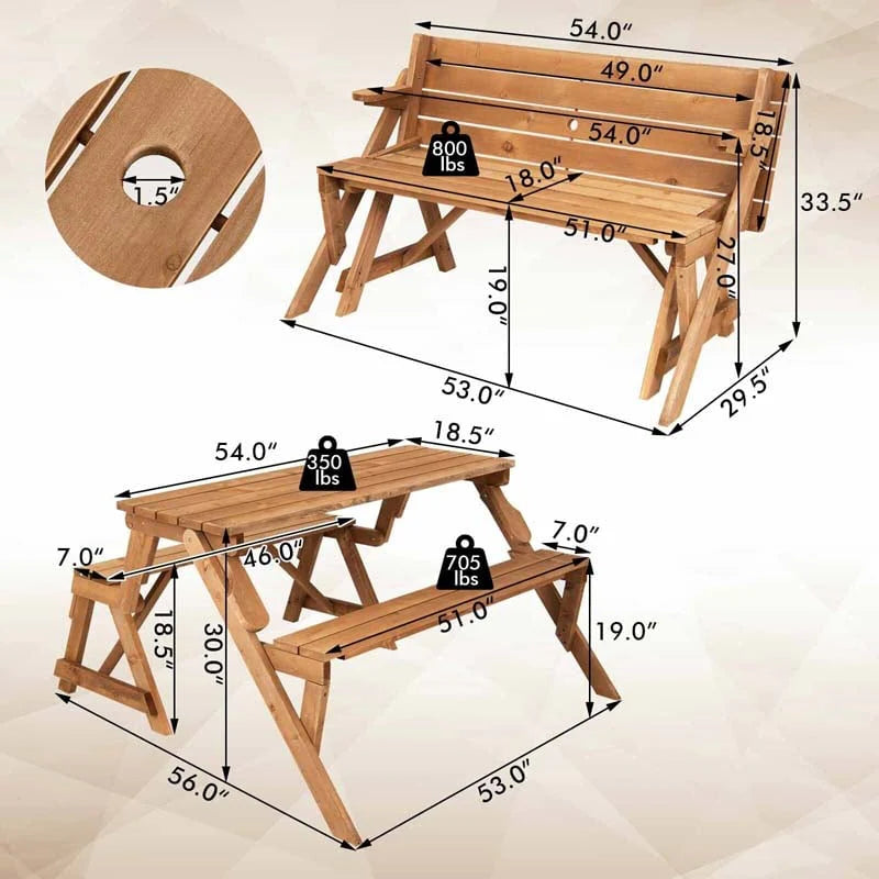 2-in-1 Convertible Fir Wood Picnic Table And Garden Bench, 4-Person, Dark Golden Brown - 56 x 53 x 30 in