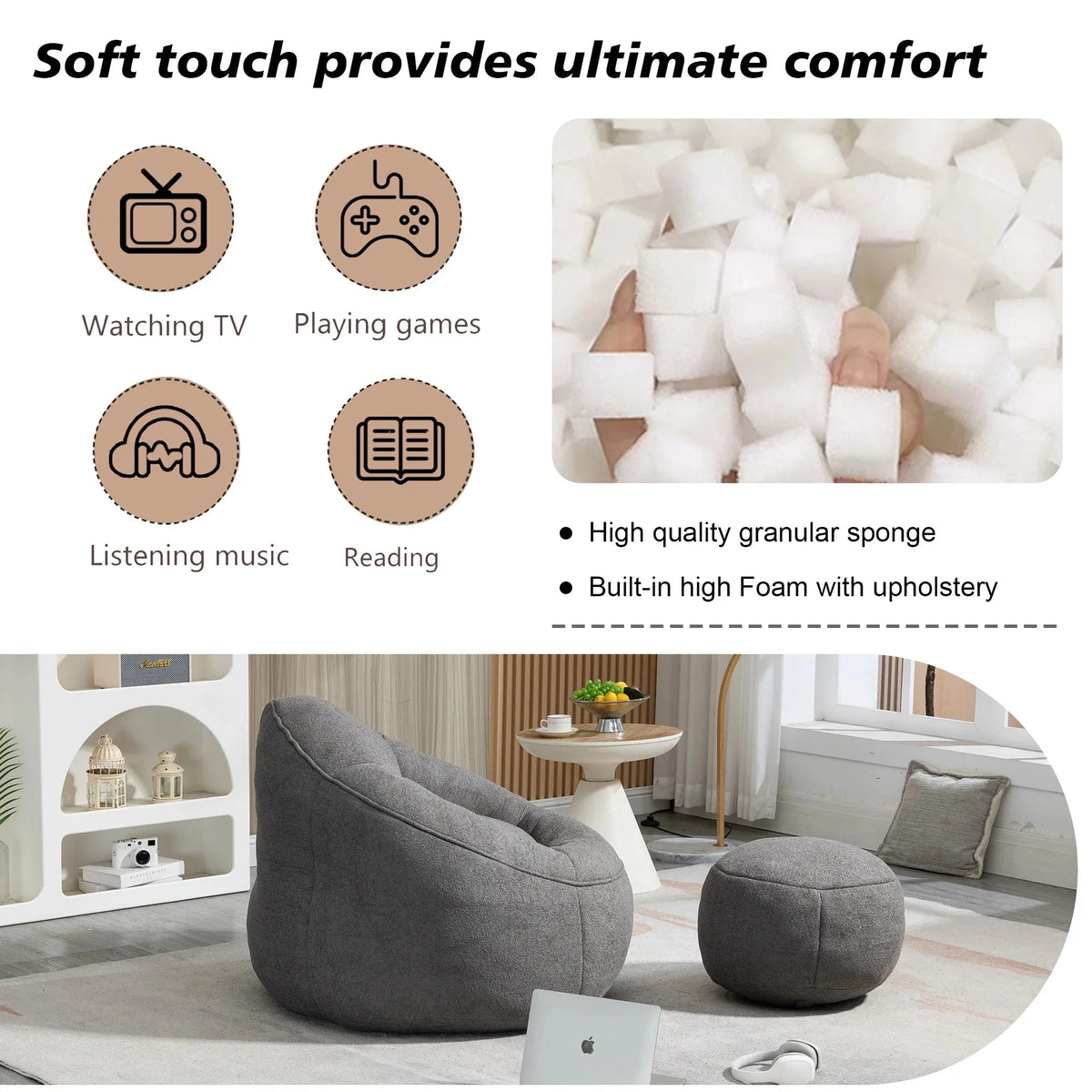 MOONMISS Microfiber Upholstered Round Bean Bag Sofa Chair With Ottoman - Gray