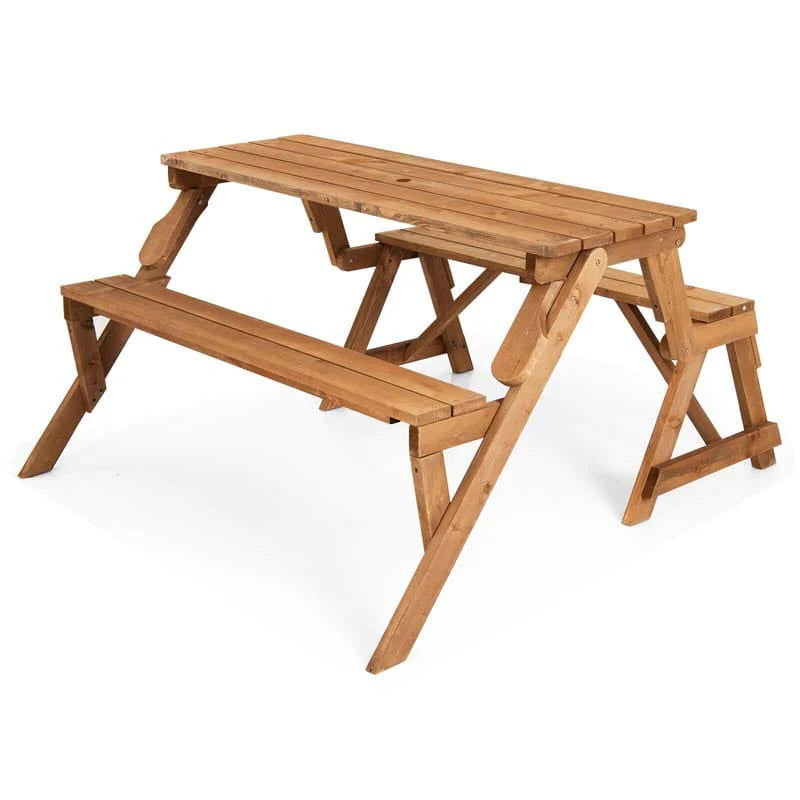 2-in-1 Convertible Fir Wood Picnic Table And Garden Bench, 4-Person, Dark Golden Brown - 56 x 53 x 30 in