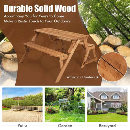 2-in-1 Convertible Fir Wood Picnic Table And Garden Bench, 4-Person, Dark Golden Brown - 56 x 53 x 30 in