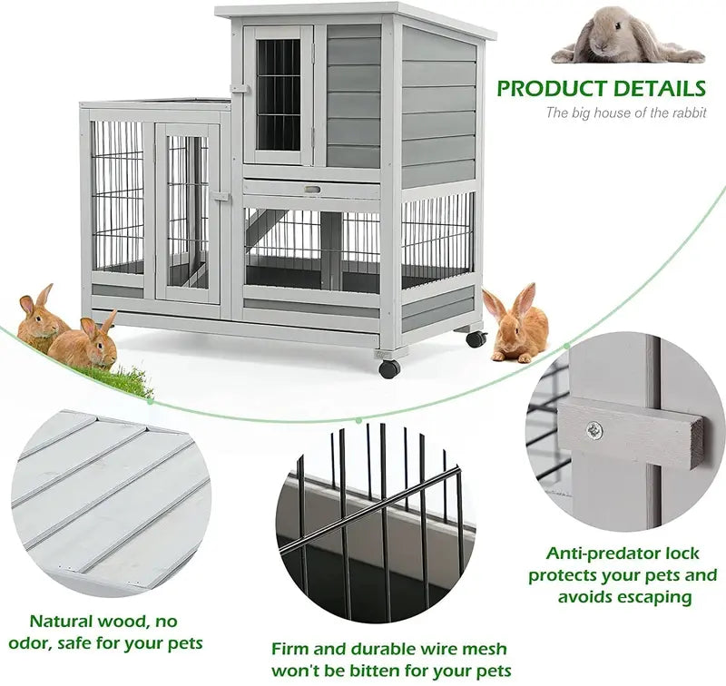 YODOLLA Indoor Rabbit Hutch With Wheels, Fir Wood, 37 x 24.4 x 33.5 in