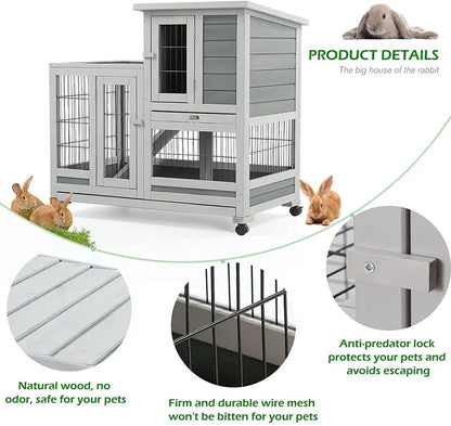 YODOLLA Indoor Rabbit Hutch With Wheels, Fir Wood, 37 x 24.4 x 33.5 in